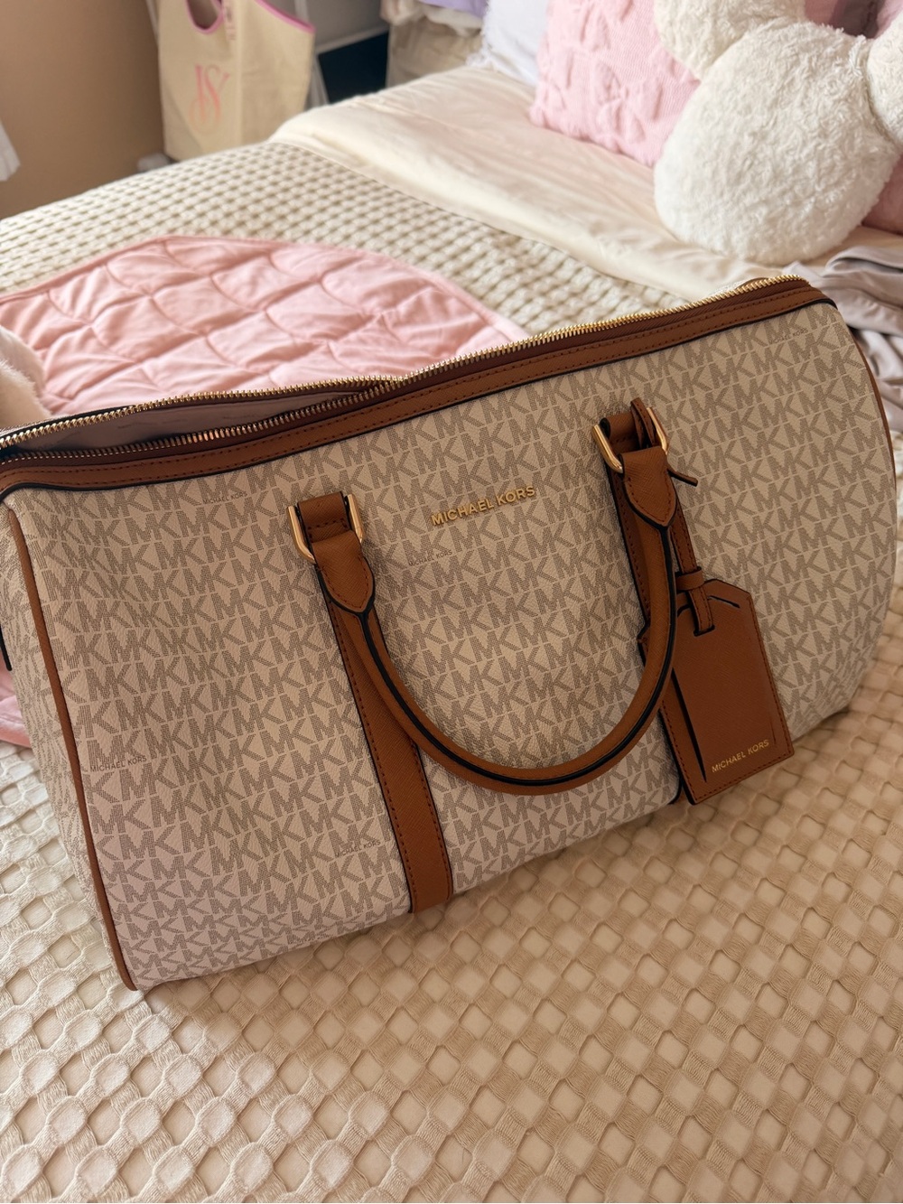 Michael Kors Beige Signature Travel Duffel with Brown Trim